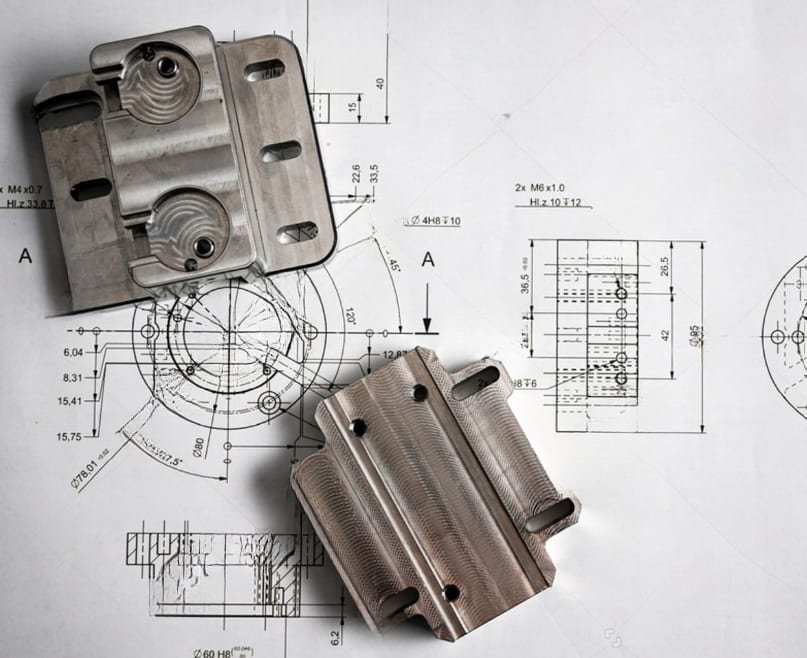 Precision machined aluminium parts resting on dimensioned technical drawings